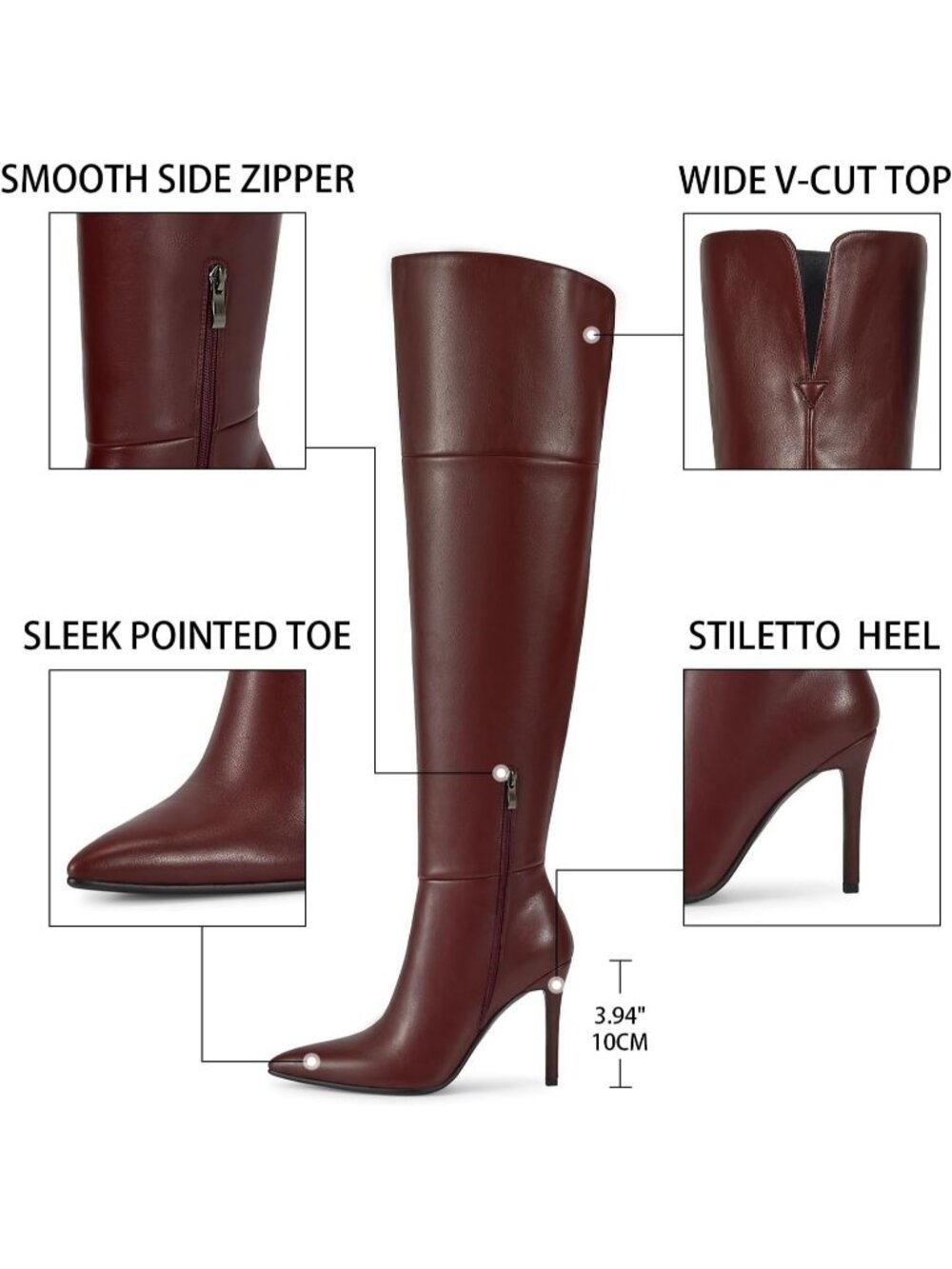 Women's Burgundy High Heel Over the Knee Boots Comfortable Fashion Stiletto Heel - Picture 6 of 6